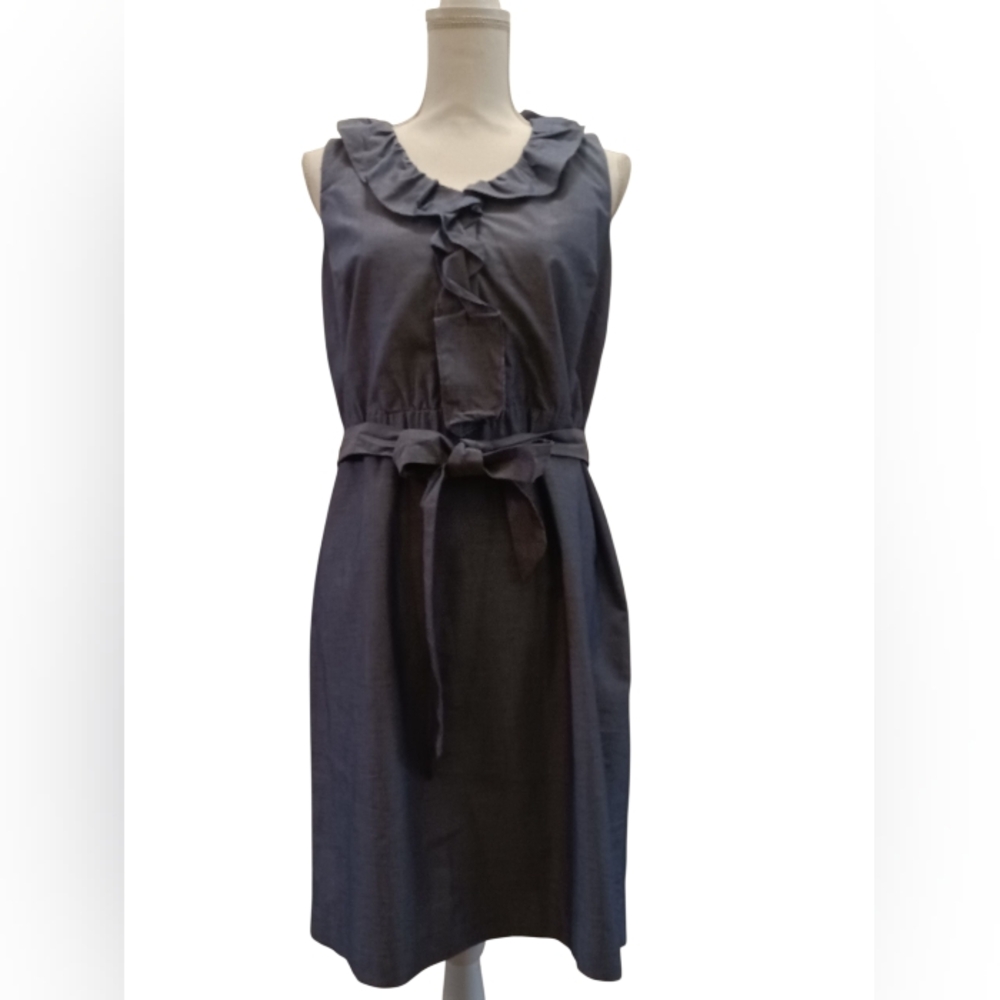 Ann Taylor Factory Blue Chambray Ruffle Tie waist Sleeveless Dress 10P NWT - Picture 2 of 10